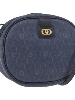 Christian Dior Honeycomb Canvas Shoulder Bag PVC Navy Gold Auth BA11145